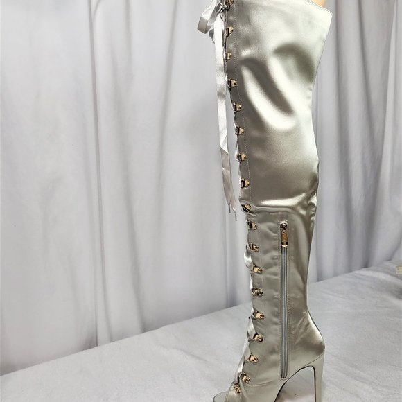 Cape Robbin Gray Lace-Up Peep Toe 4.5" Stiletto Thigh High Boots - Picture 2 of 8